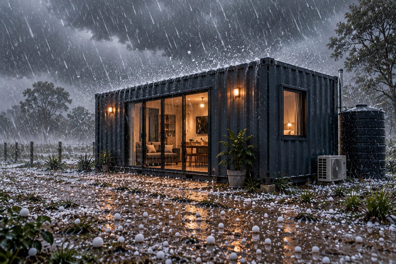Casa em container marítimo durante tempestade de granizo no Rio Grande do Sul, com a estrutura de aço intacta