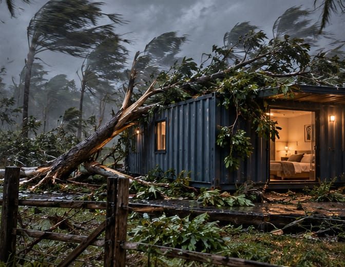 Árvore caída sobre casa em container durante temporal, com a estrutura de aço preservada